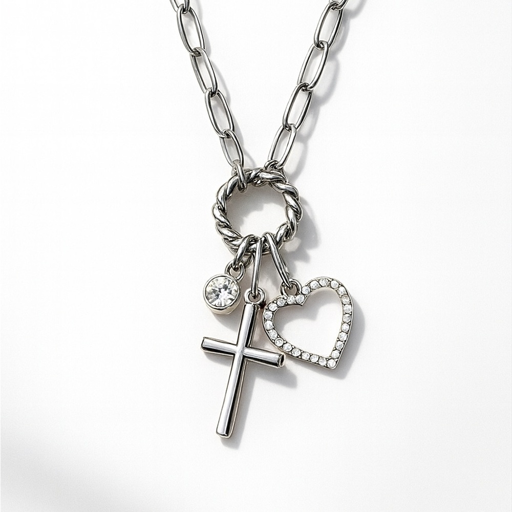 ⚜️❤️‍🔥 Silver Pendant Necklace with Cross and Heart Charms